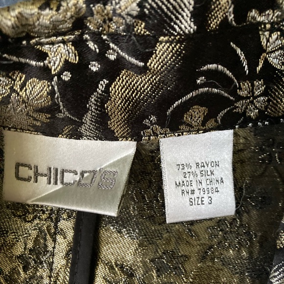 Chicos size 3 silk poly blend button up blouse black and gold - Picture 3 of 3